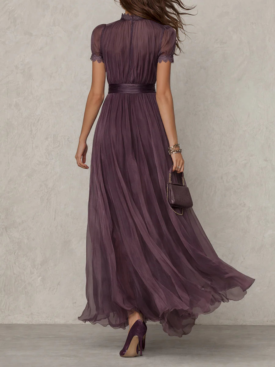 Flavia | Long Purple Dress with Keyhole Neckline, Lace Trim