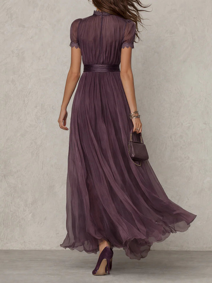 Flavia | Long Purple Dress with Keyhole Neckline, Lace Trim