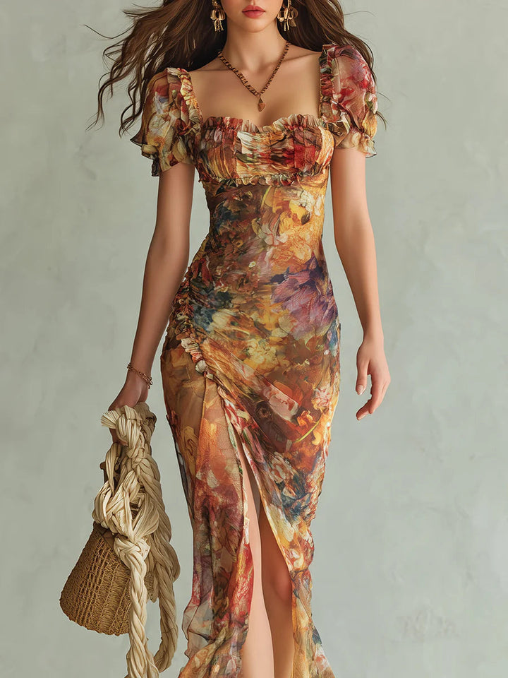 Viola | Long orange dress with bohemian-style oil painting print