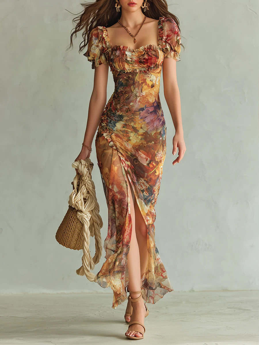 Viola | Long orange dress with bohemian-style oil painting print