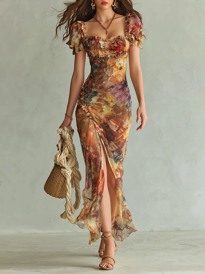 Viola | Long orange dress with bohemian-style oil painting print