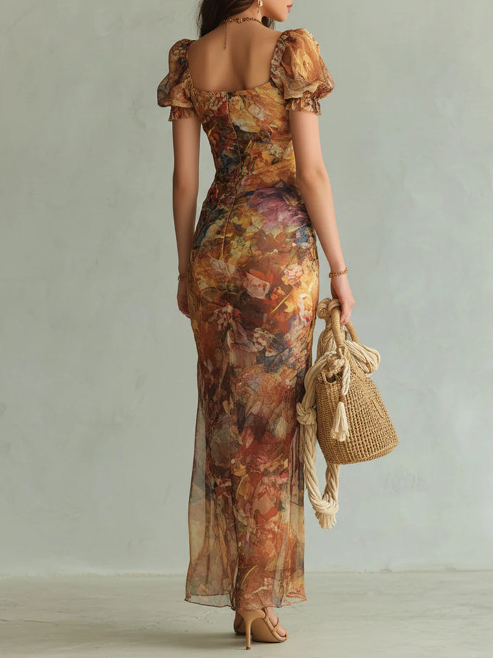 Viola | Long orange dress with bohemian-style oil painting print