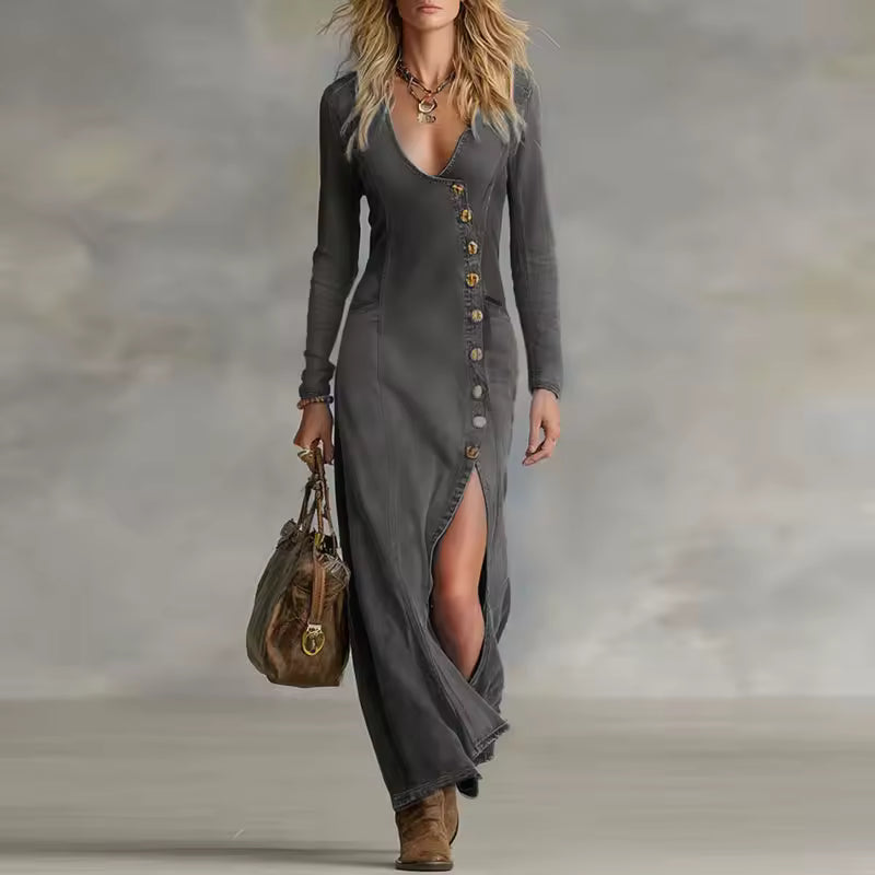 ASYMMETRICAL V-NECK DENIM MAXI DRESS