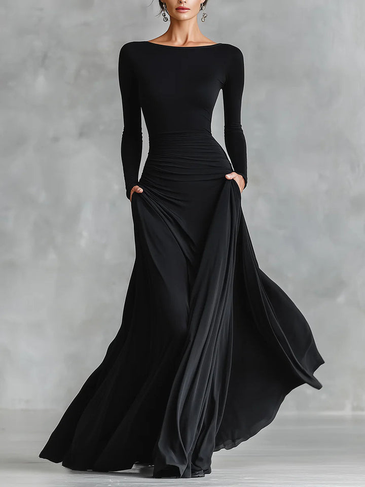 LONG BLACK PLEATED DRESS WITH BOAT NECK