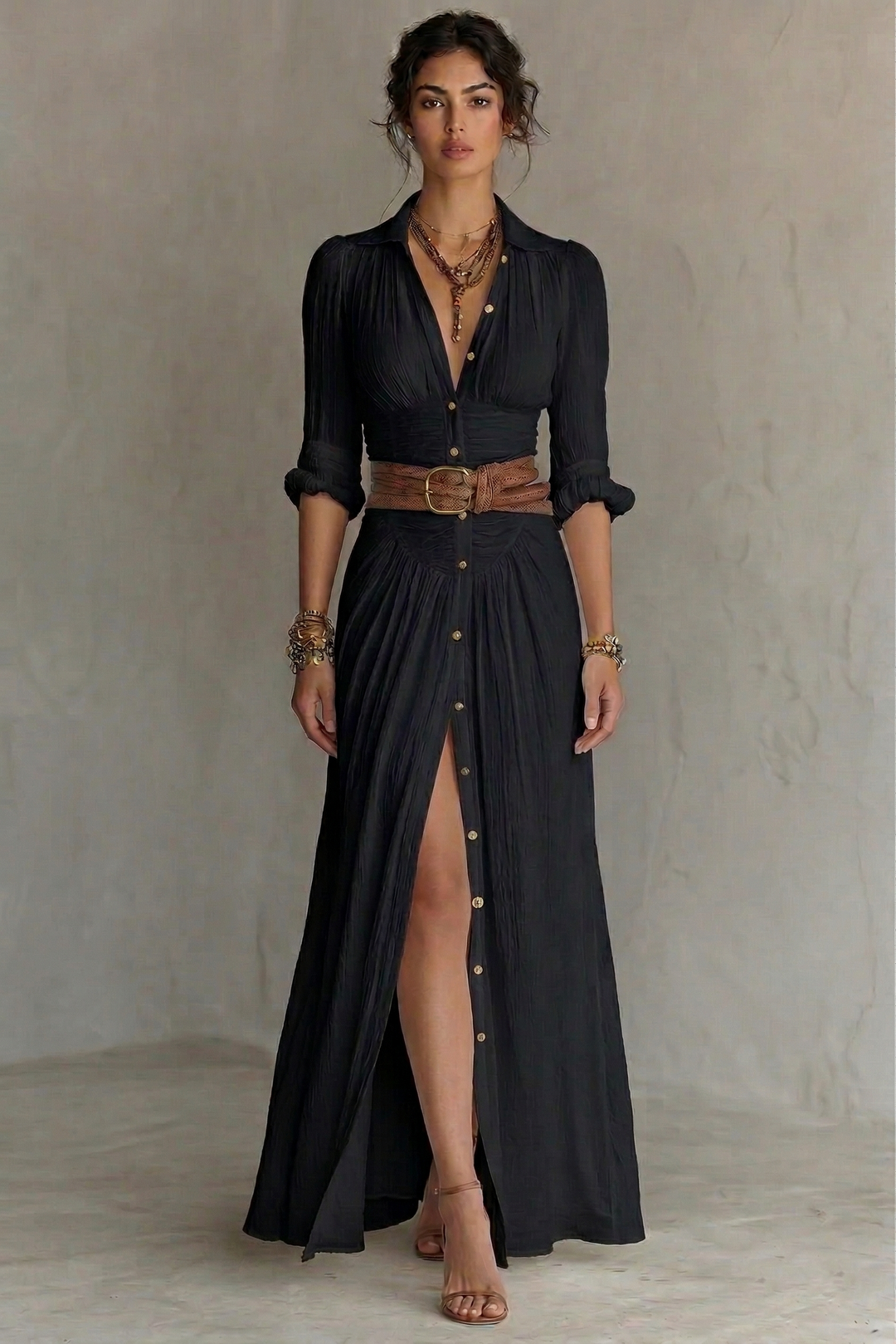 PLEATED V-NECK MAXI DRESS WITH BELT