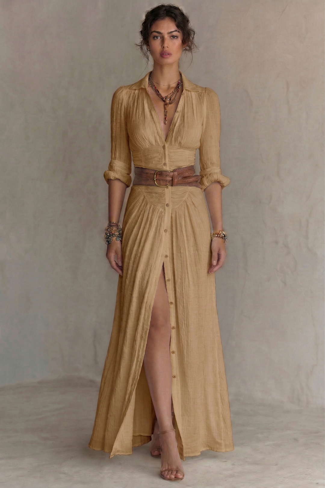 PLEATED V-NECK MAXI DRESS WITH BELT