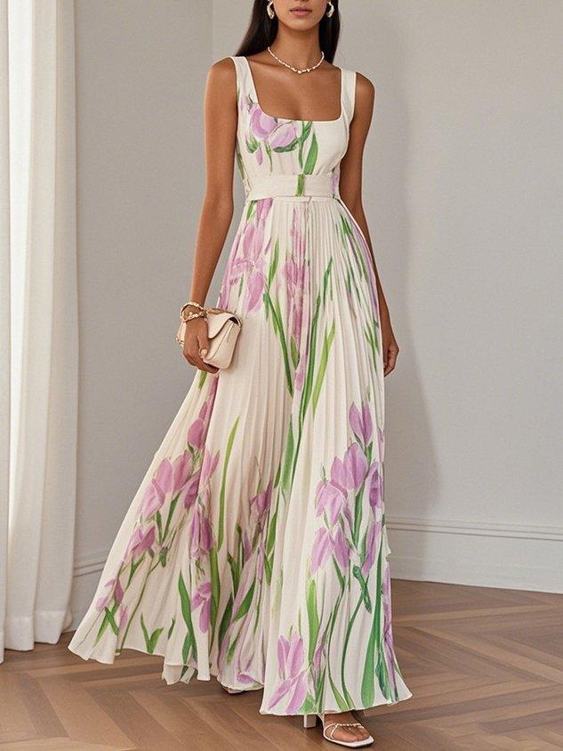 FLORAL PLEATED MAXI DRESS WITH SQUARE NECK
