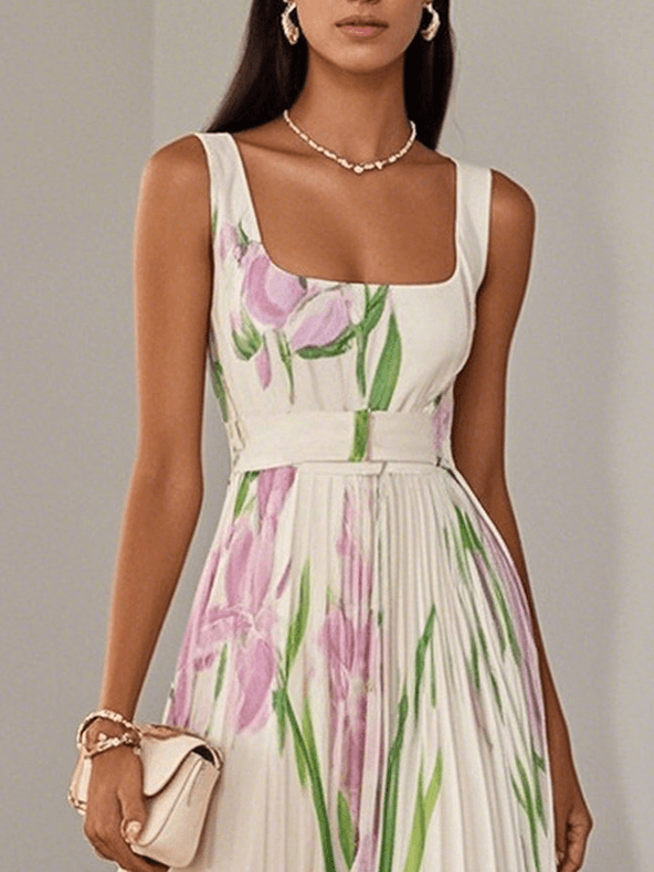 FLORAL PLEATED MAXI DRESS WITH SQUARE NECK