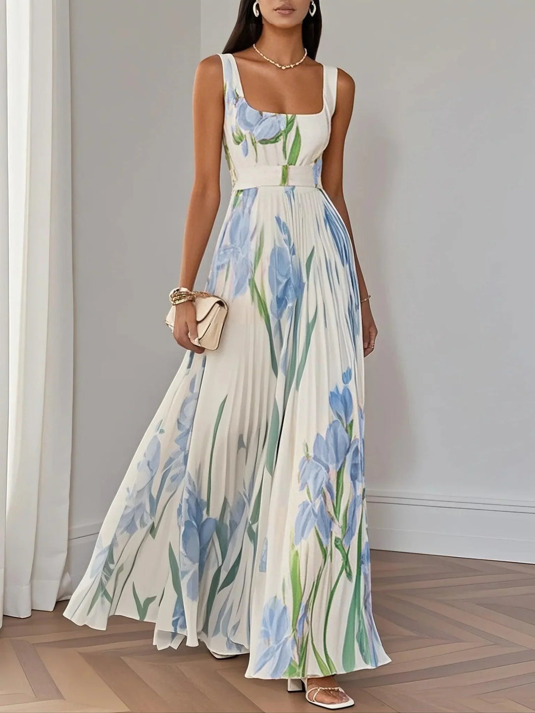 FLORAL PLEATED MAXI DRESS WITH SQUARE NECK