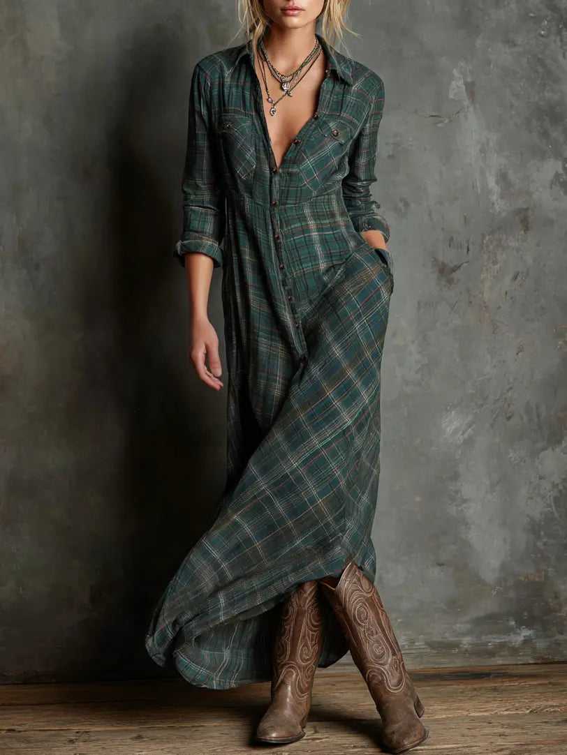 CHECKED MAXI SHIRT DRESS WITH LAPELS