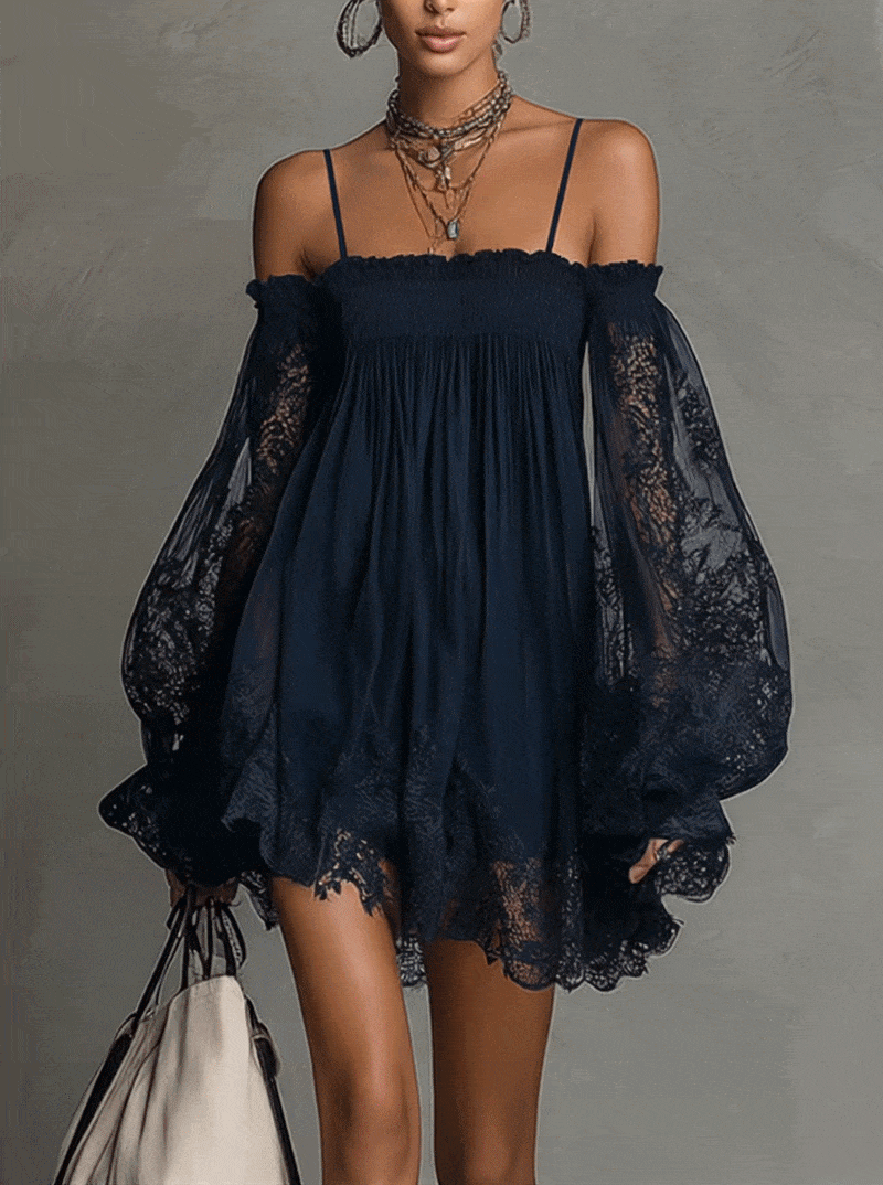 Noemi | Mini dress in navy blue with off-the-shoulder neckline, lace trim, and sheer sleeves