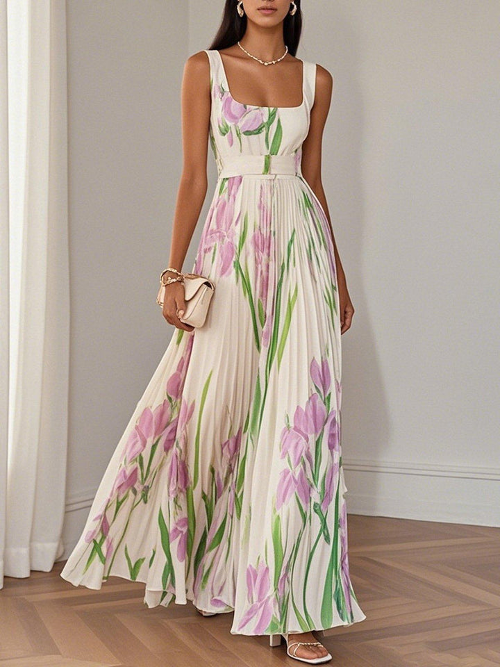 FLORAL PLEATED MAXI DRESS WITH SQUARE NECK