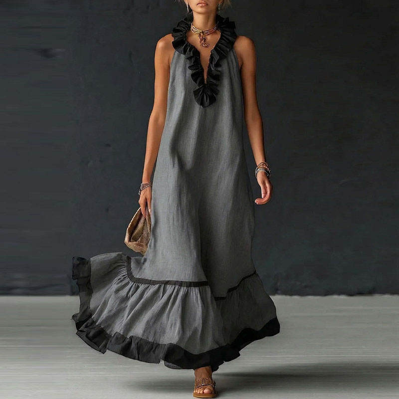 RUFFLED V-NECK MAXI DRESS