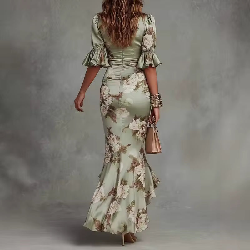 FLORAL MAXI DRESS V-NECK RUFFLES