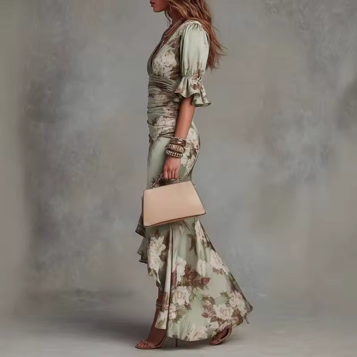 Lucía | Asymmetrical Long Satin Dress with Floral Print