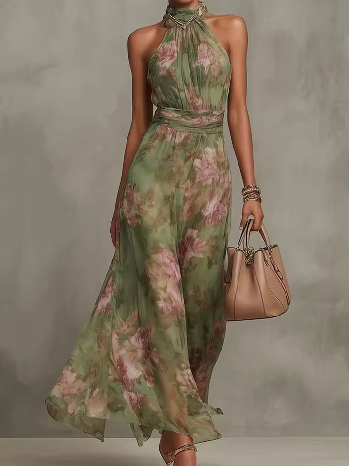 FLORAL HALTER CHIFFON MAXI DRESS