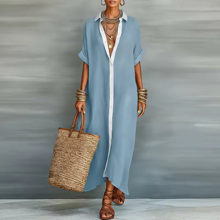 SHORT SLEEVE BUTTON-DOWN MAXI SHIRT DRESS