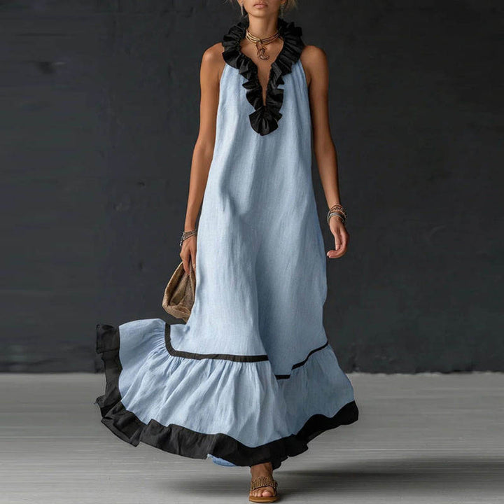 RUFFLED V-NECK MAXI DRESS