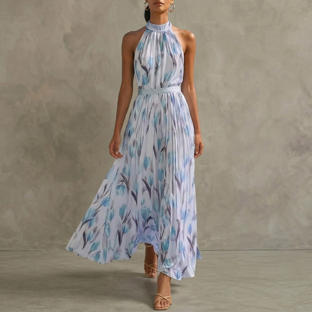 FLORAL SLEEVELESS HALTER MAXI DRESS