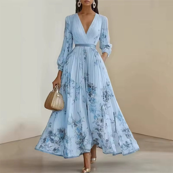 FLORAL PLEATED MAXI DRESS WITH V-NECK AND BALLOON SLEEVES