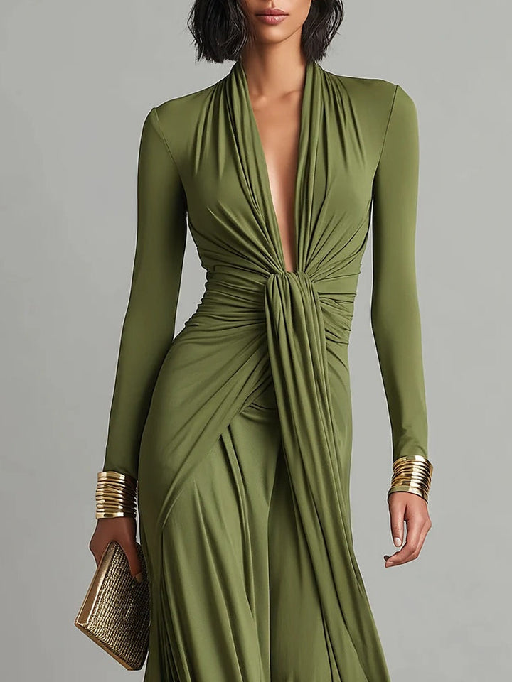 OLIVE GREEN MAXI DRESS WITH V-NECK PLEATED