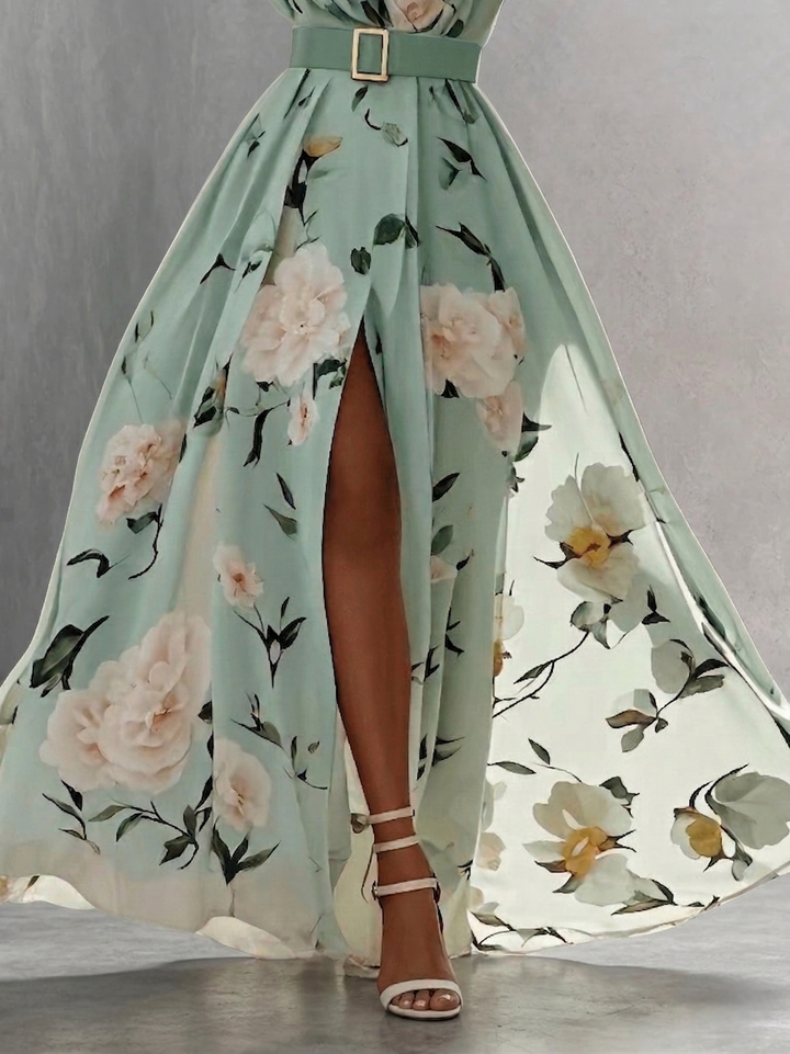 FLORAL CHIFFON MAXI DRESS WITH ONE SHOULDER AND SLIT