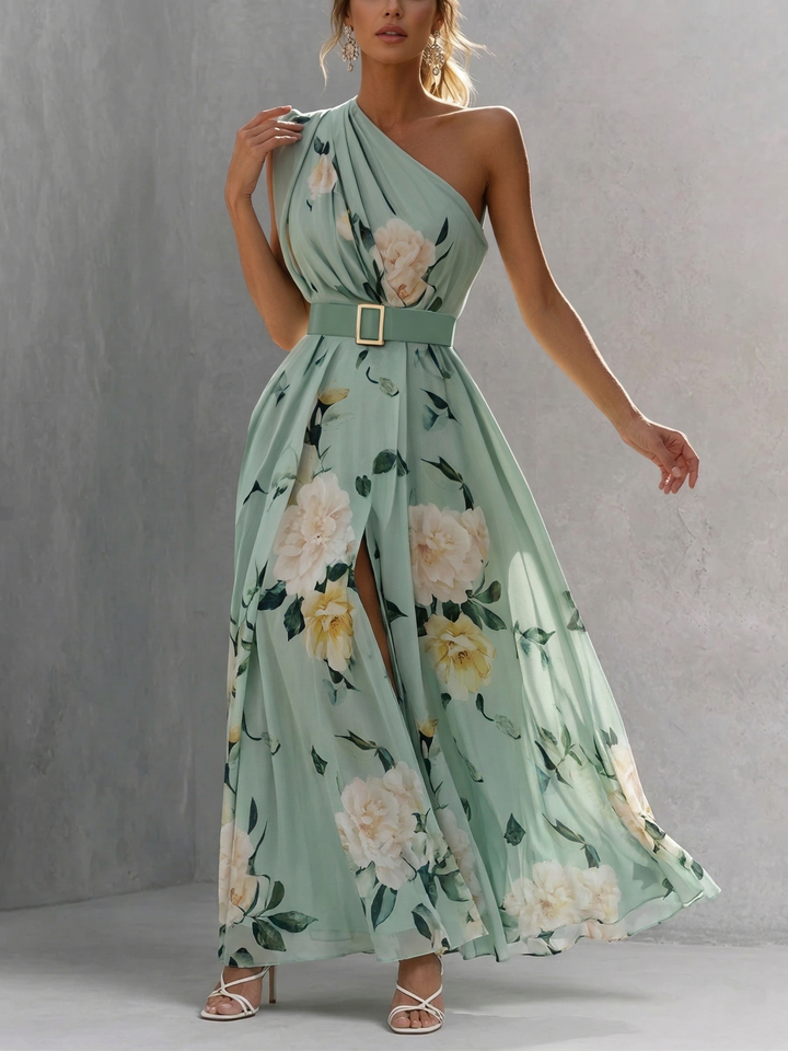 FLORAL CHIFFON MAXI DRESS WITH ONE SHOULDER AND SLIT