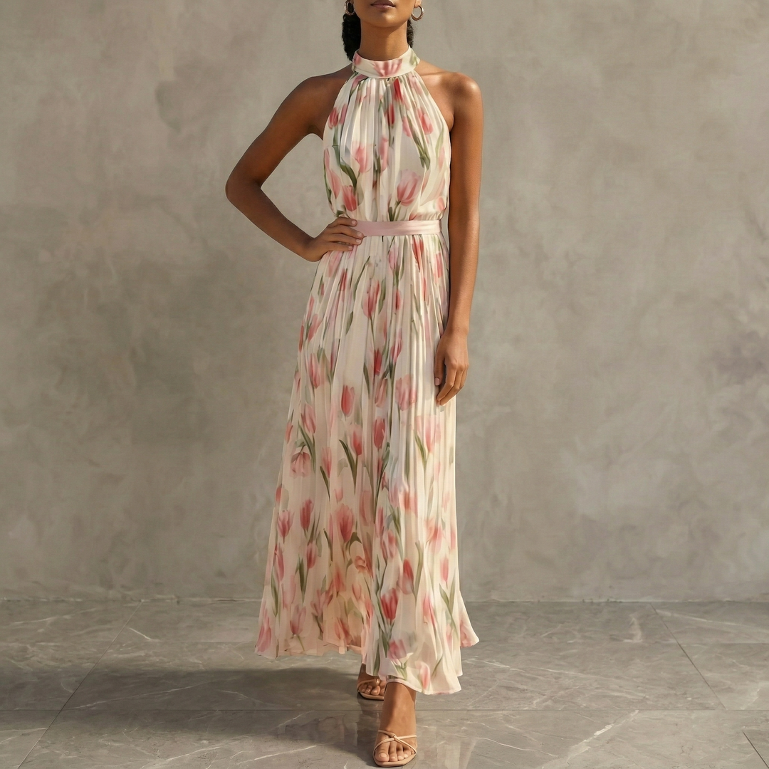FLORAL SLEEVELESS HALTER MAXI DRESS