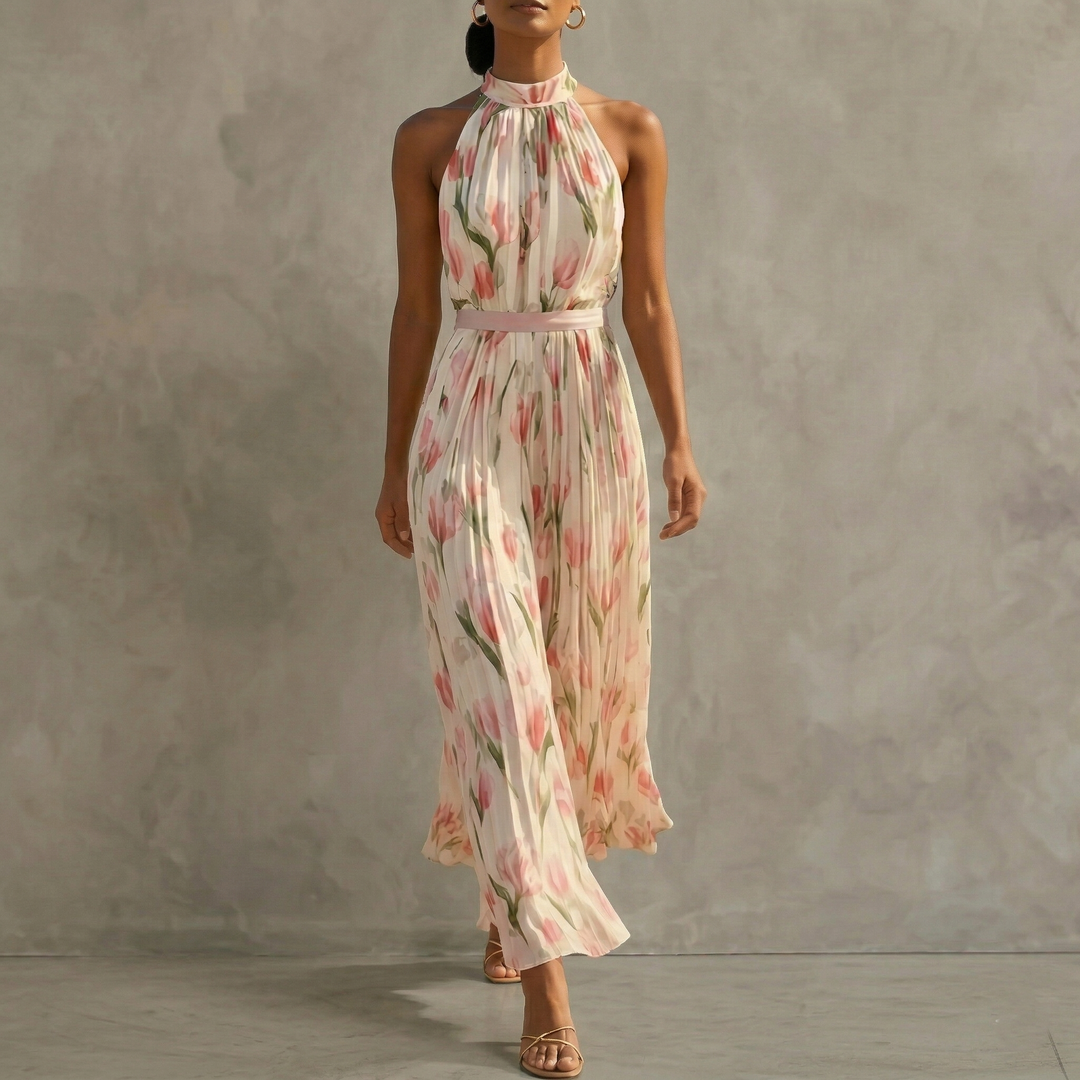 FLORAL SLEEVELESS HALTER MAXI DRESS