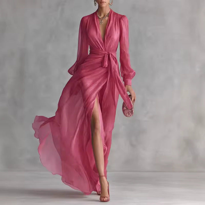 FLOWY V-NECK MAXI DRESS WITH BELT