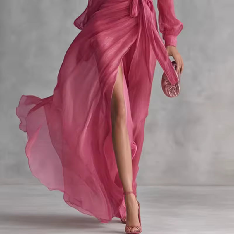 FLOWY V-NECK MAXI DRESS WITH BELT