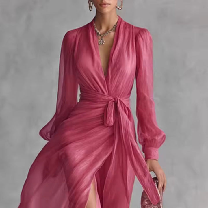 FLOWY V-NECK MAXI DRESS WITH BELT