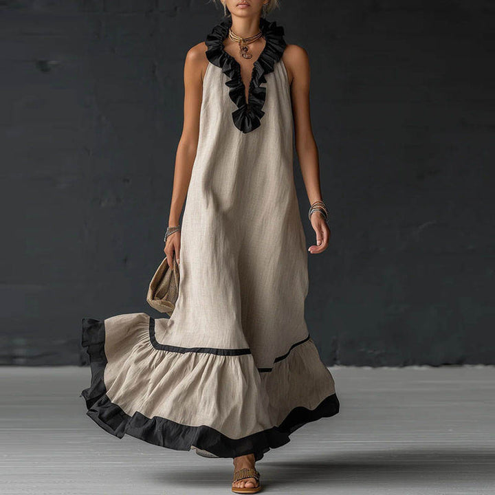 RUFFLED V-NECK MAXI DRESS