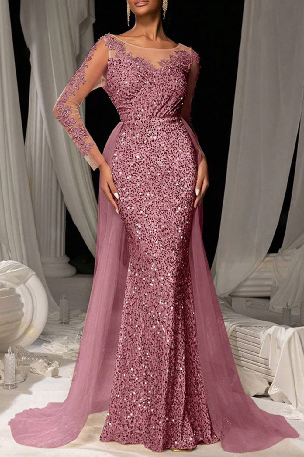 SEQUIN MAXI DRESS WITH LACE AND TULLE