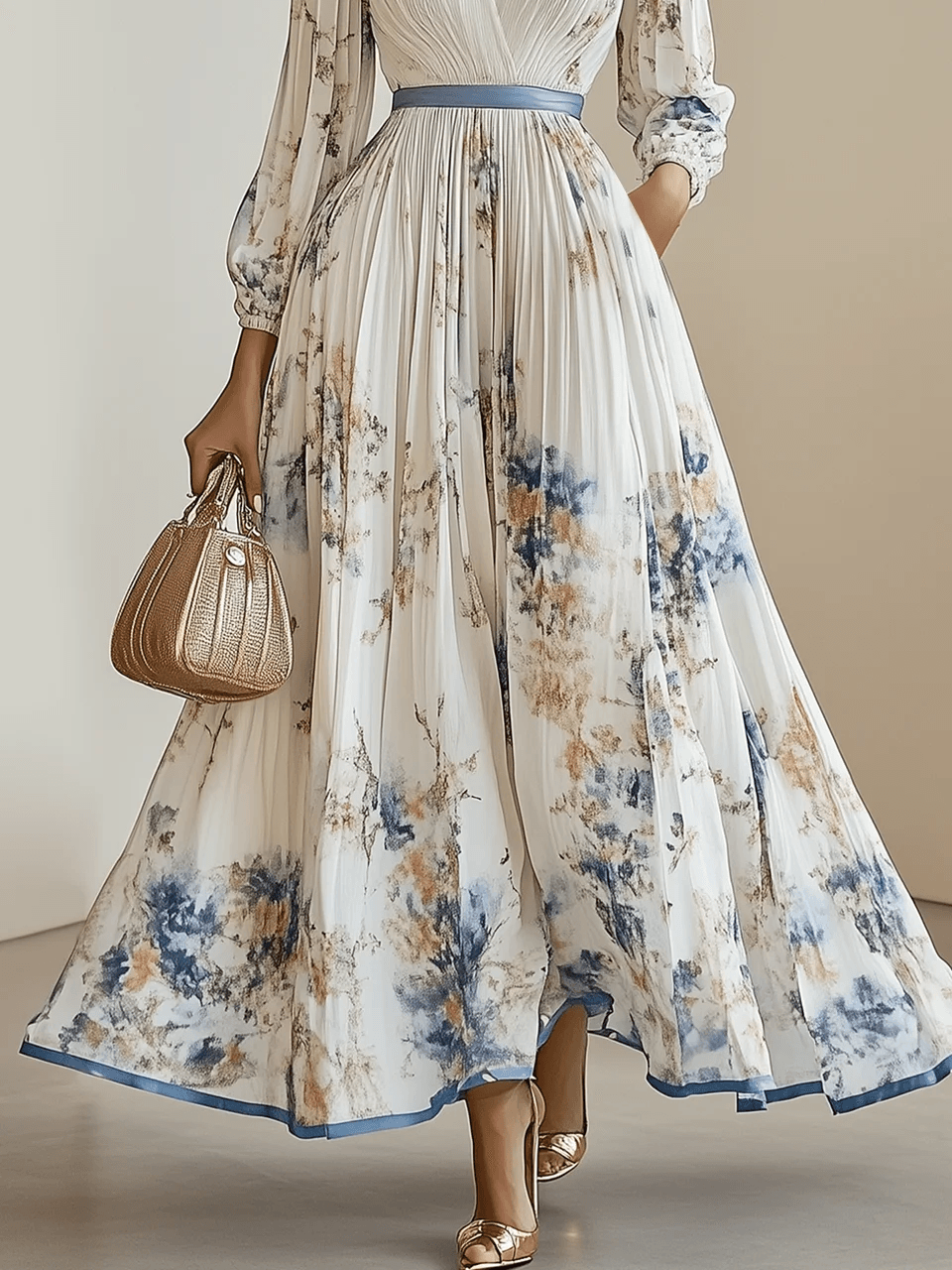 FLORAL PLEATED MAXI DRESS WITH V-NECK AND BALLOON SLEEVES