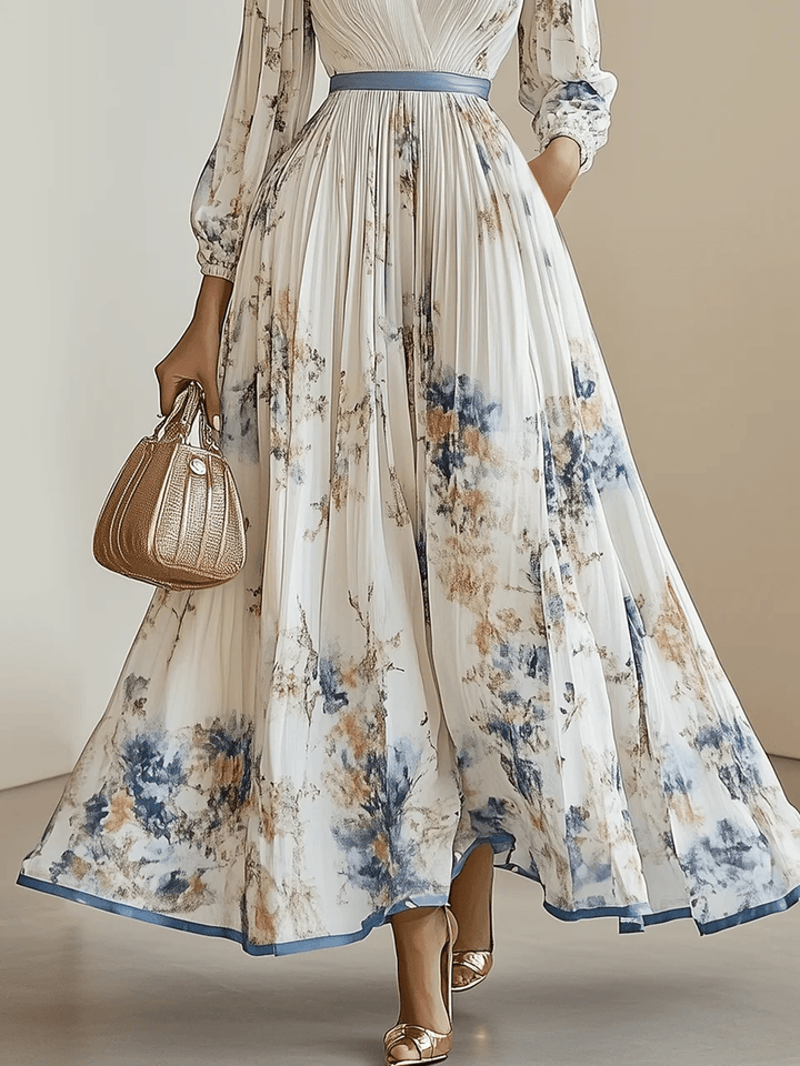 FLORAL PLEATED MAXI DRESS WITH V-NECK AND BALLOON SLEEVES