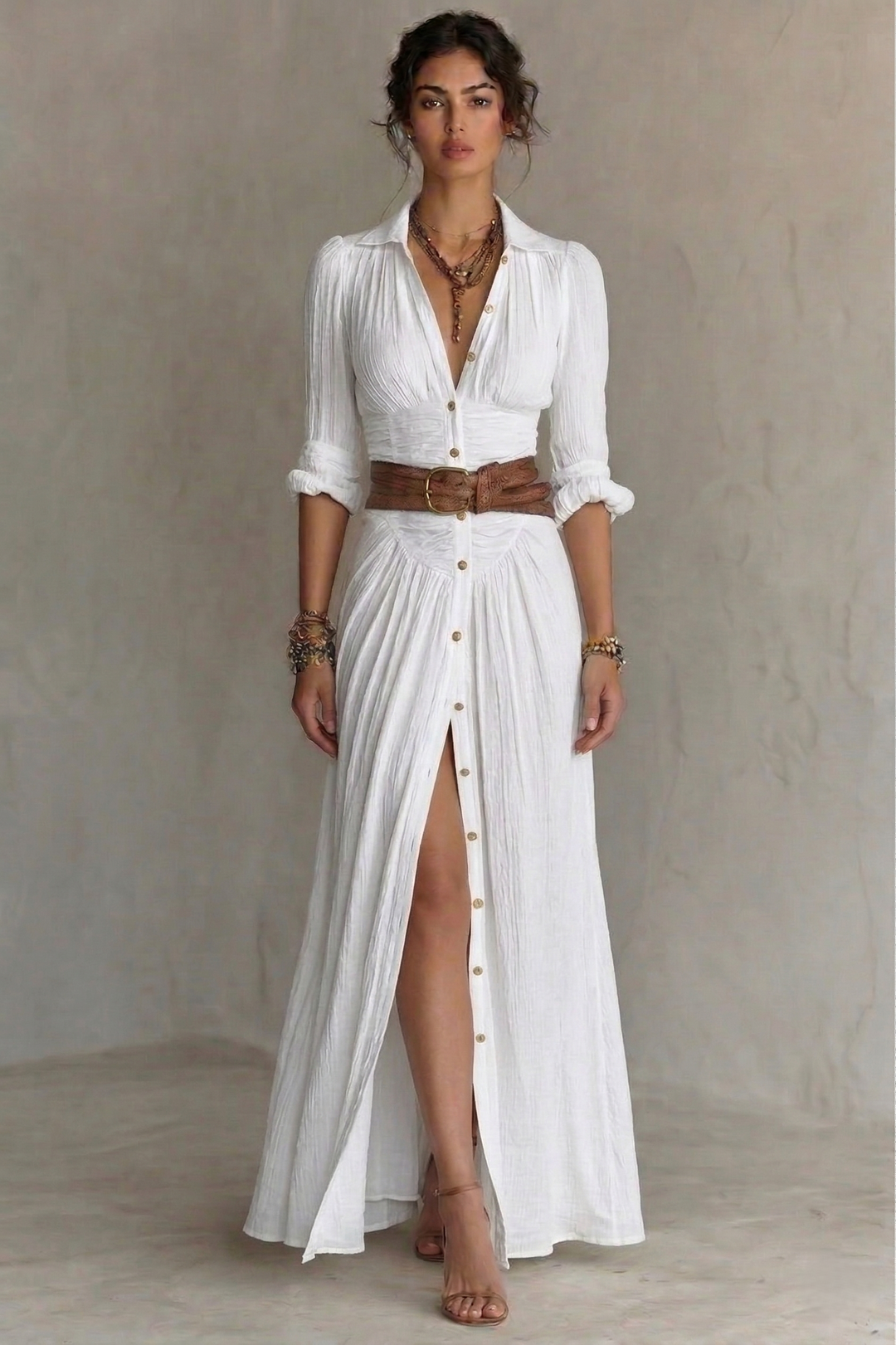 PLEATED V-NECK MAXI DRESS WITH BELT