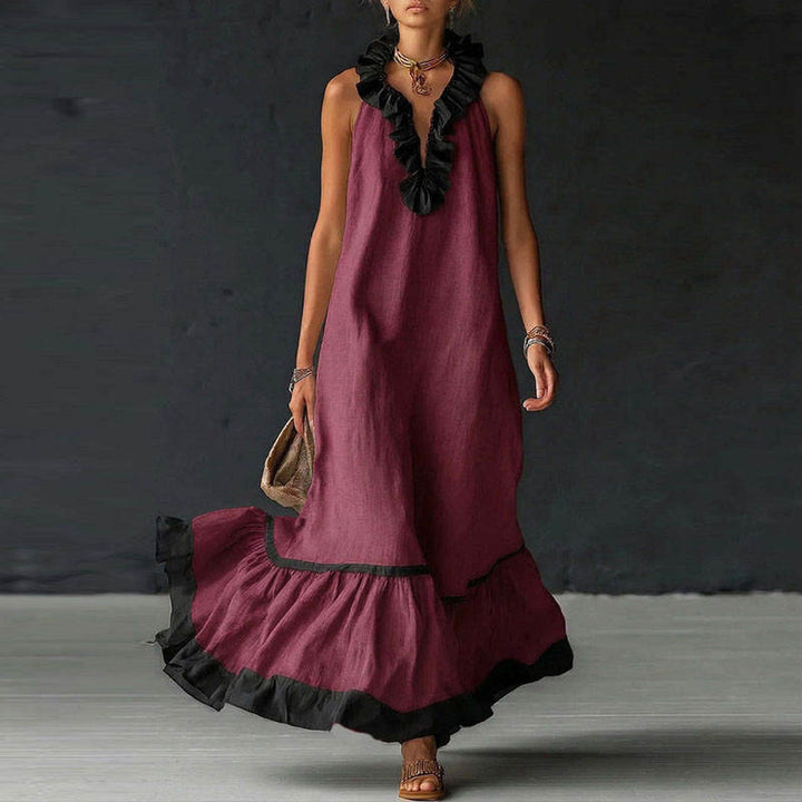 RUFFLED V-NECK MAXI DRESS