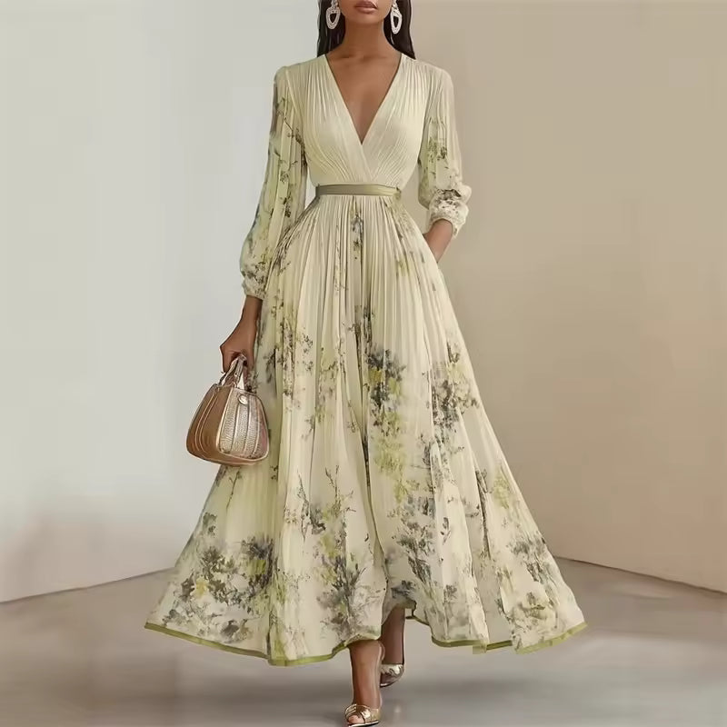 FLORAL PLEATED MAXI DRESS WITH V-NECK AND BALLOON SLEEVES