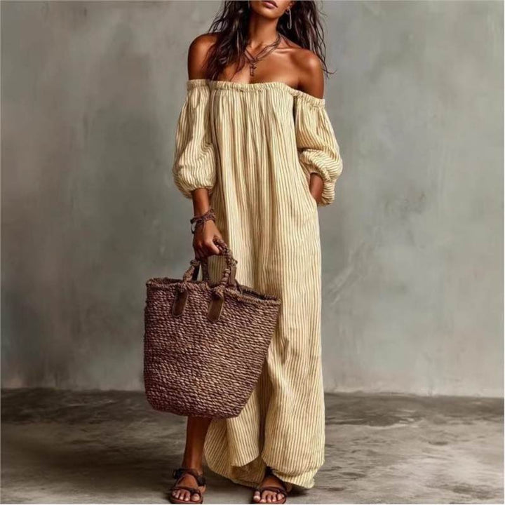 OFF-SHOULDER STRIPED MAXI DRESS